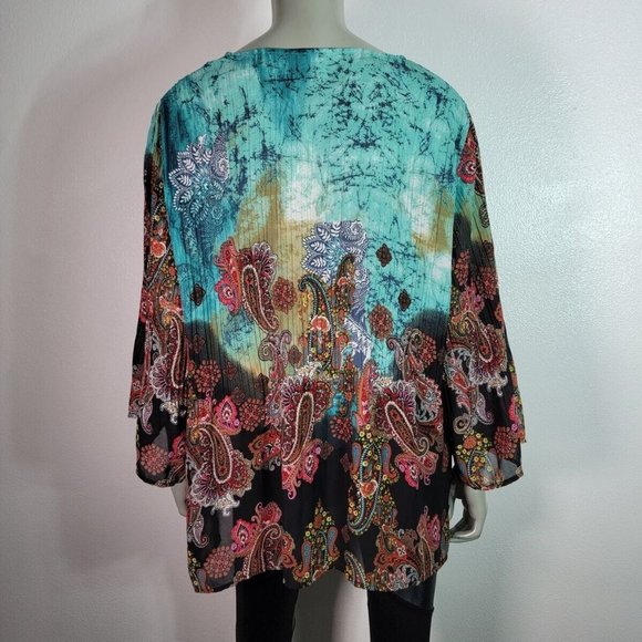 Dressbarn Peasant Top Plus Size 1X  Paisley Tie Neck 3/4 Sleeve Sheer Blue‎ - Picture 4 of 6